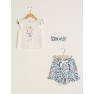 Compleu tricou cu imprimeu, bermude cu imprimeu floral si bentita pentru fetite, 687691PV21AQ Compleu tricou cu imprimeu, bermude cu imprimeu floral si bentita pentru fetite, 687691PV21AQ