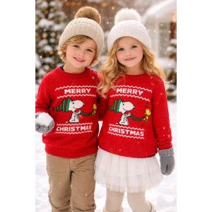 Pulover Unisex Copii Roșu, din Bumbac 100%, cu Imprimeu Festiv Christmas, 0.5174TI22RO