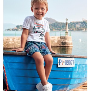 Compleu Sarabanda pentru băieți, tricou din bumbac 100% și pantaloni scurți cu imprimeu floral, 0.8154PV24ALB