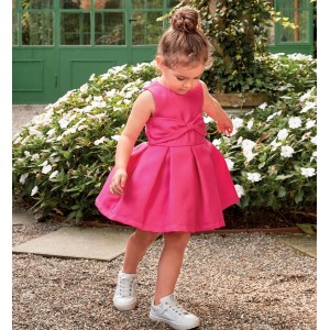 Rochie Elegantă Sarabanda Fetițe din Țesătură Mikado cu Fundiță Mare și Inserție Tull – Roz Fucsiaa, 0.8333PV24FU