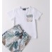 Set băieți Sarabanda din bumbac elastic cu tricou și pantaloni scurți cu imprimeu tropical, 0.B162PV25ALB Set băieți Sarabanda din bumbac elastic cu tricou și pantaloni scurți cu imprimeu tropical, 0.B162PV25ALB