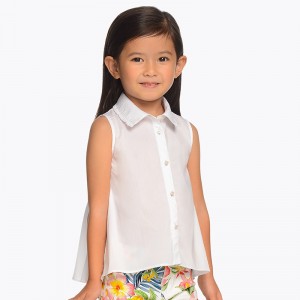 Cămașă alba Mayoral pentru fetiță, fără mâneci, poplin lejer cu guler clasic și nasturi, 3107PV19ALB
