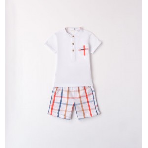 Compleu băieți Minibanda din bumbac elastic, 2 piese – tricou cu guler tunică și pantaloni scurți în carouri, 3.8616PV24ALB