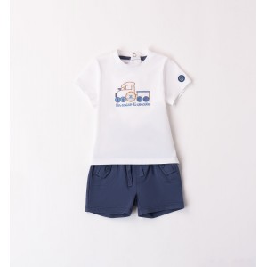Compleu Minibanda pentru băieți, tricou cu trenuleț și pantaloni scurți bleumarin, bumbac elastic, 3.8676PV24NA