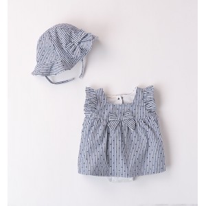 Set Sarabanda pentru fetițe din bumbac 100%, rochie cu pălăriuță asortată, dungi alb-albastre și inimioare, 3.8714PV24NA
