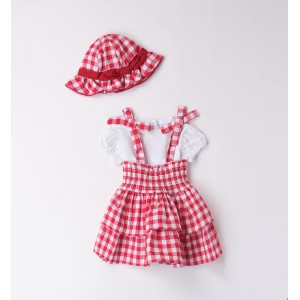 Compleu fetiță nou-născută Minibanda cu rochiță în carouri, tricou și pălărie asortată, 3.8748PV24RO Compleu fetiță nou-născută Minibanda cu rochiță în carouri, tricou și pălărie asortată, 3.8748PV24RO