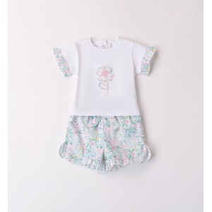 Compleu iDO pentru fete din bumbac elastic, tricou cu volane și broderie florală și bermude cu imprimeu floral, 3.8792PV24MU