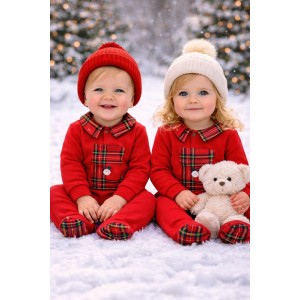 Salopetă de Crăciun Nou-Născut Minibanda Roșie, din Chenilie, cu Detalii Tartan, 3.A640TI24RO
