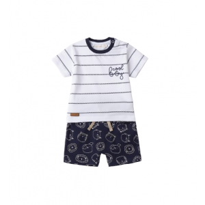 Minibanda, Compleu pentru bebe baiat in dungi, Alb, Bleumarin, 3.B678PV25NAV