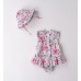 Salopetă Minibanda bebe fetițe din bumbac satinat, imprimeu floral, cu pălărie și culotte, 3.B784PV25RZ