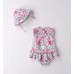 Salopetă Minibanda bebe fetițe din bumbac satinat, imprimeu floral, cu pălărie și culotte, 3.B784PV25RZ