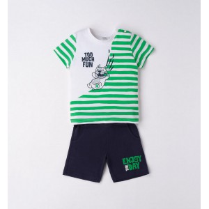 Set băiat iDO din jerseu 100% bumbac cu tricou în dungi și pantaloni scurți, 4.6713PV23VE