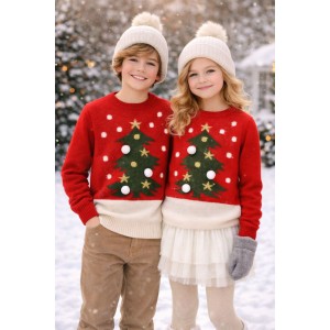 Pulover Tricotat Unisex Copii iDO Roșu, cu Imprimeu de Crăciun, din Acril, 4.7839TI23RO