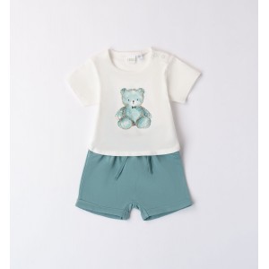 Set bebeluș băiat iDO din bumbac cu tricou ursuleț și pantaloni scurți, 4.8605PV24ABS