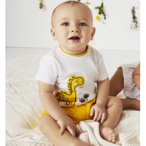 Compleu băieți I Do din bumbac 100%, tricou dinozaur și pantaloni scurți galbeni, 4.8606PV24GA