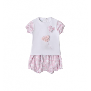 Set vară fetițe IDO din bumbac și elastan cu bluziță albă și pantaloni roz, 4.B092PV25RZ