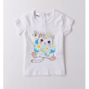 Tricou iDO fete alb din bumbac cu pisicuță și flori, 4.B545PV25ALB