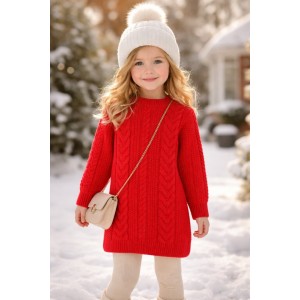 Rochie Tricotată Fete iDO Roșie, cu Împletituri și Fir Lurex, Mini, 4.F376TI25RO