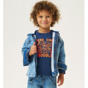 Cămașă băieți iDO din denim elastic cu glugă și nasturi, 4.A425TI24ABS Cămașă băieți iDO din denim elastic cu glugă și nasturi, 4.A425TI24ABS