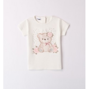 Tricou fete iDO alb din bumbac cu imprimeu ursuleț și flori, 4.B350PV25ALB