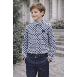 Cămașă băieți iDO cu mâneci lungi din bumbac elastic, guler mandarin și buzunar, model geometric, 4.6381PV23BLM