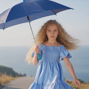 Rochie fete Sarabanda albastră, poplin elastic, cu umeri goi și bust încrețit, 0.B577PV25BL