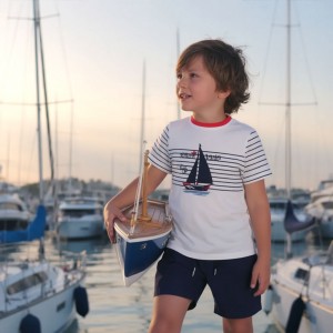 Compleu băieți Sarabanda din bumbac 100%, tricou marinăresc și pantaloni scurți bleumarin, 0.8152PV24NA