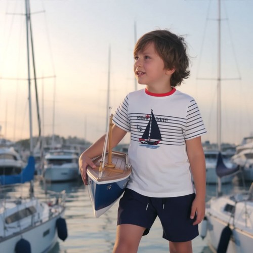 Compleu băieți Sarabanda din bumbac 100%, tricou marinăresc și pantaloni scurți bleumarin, 0.8152PV24NA