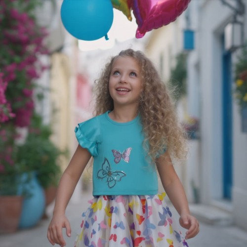 Compleu fete Sarabanda, tricou turcoaz cu fluturi și fustă tull cu aplicații colorate, 0.8364PV24AQ