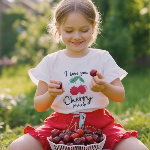 Compleu fete Sarabanda din jerseu elastic, tricou alb cu cireșe și pantaloni scurți roșii, 0.8384PV24RO