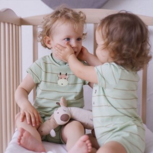 Salopetă bebe băiat Minibanda by I Do, bumbac elastic, verde deschis cu dungi și imprimeu girafă, 3.6692PV23VE