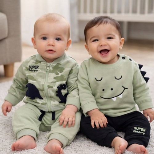 Set treninguri bebe iDO cu tematică dinozauri din bumbac flaușat, 4.F010TI25VE Set treninguri bebe iDO cu tematică dinozauri din bumbac flaușat, 4.F010TI25VE