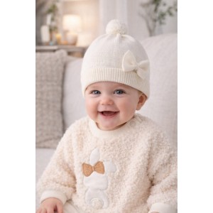 Căciulă bebelușe Minibanda albă cu fundă și pompon din bumbac și lână, 3.7348TI23ALB