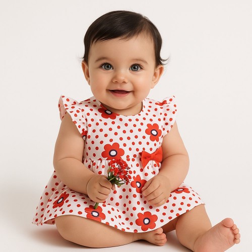 Rochiță Tip Salopetă iDO Bebe Fetiță din Bumbac Elastic cu Imprimeu Floral Roșu și Fundiță Decorativă, 4.4650PV22ROS Rochiță Tip Salopetă iDO Bebe Fetiță din Bumbac Elastic cu Imprimeu Floral Roșu și Fundiță Decorativă, 4.4650PV22ROS