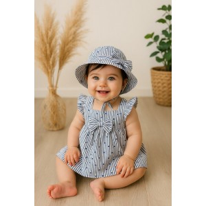 Set Sarabanda pentru fetițe din bumbac 100%, rochie cu pălăriuță asortată, dungi alb-albastre și inimioare, 3.8714PV24NA