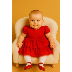 Rochie Minibanda pentru bebelușe, tulle roșu cu volane, fundiță și căptușeală din bumbac, 3.7748TI23RO