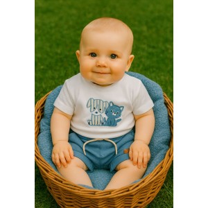 Compleu Minibanda bebe băiat, tricou din bumbac elastic cu animale și pantaloni scurți piqué cu șnur, 3.B632PV25ABS