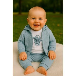 Set trening iDO bebe, 3 piese din bumbac 100%, hanorac, bluziță și pantaloni, alb și albastru pastel, 4.B007PV25BL