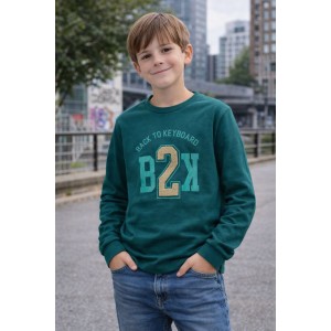 Bluză băieți Sarabanda cu mânecă lungă verde petrol, imprimeu B2K, bumbac 100%, 0.7433TI23VE