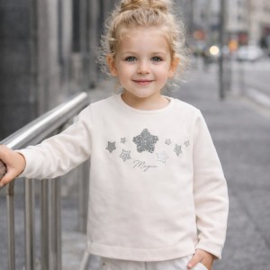 Bluză fete Sarabanda crem din bumbac elastic cu aplicații stelute cu ștrasuri,0.7207TI23ALB