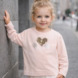 Bluză fete Sarabanda din bumbac elastic cu aplicații inimioare cu ștrasuri și paiete reversibile,0.7207TI23RZ