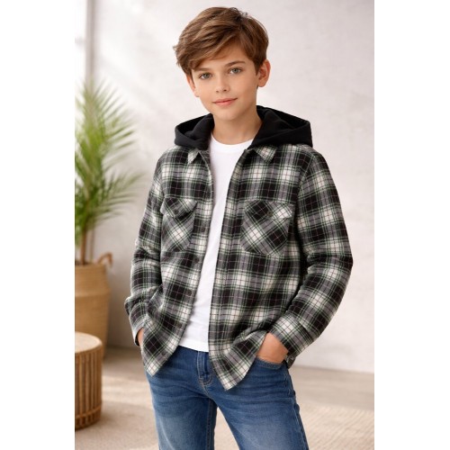 Cămașă iDO pentru Băieți din Bumbac 100% cu Glugă Detașabilă și Model în Carouri,4.7680TI23NG Cămașă iDO pentru Băieți din Bumbac 100% cu Glugă Detașabilă și Model în Carouri,4.7680TI23NG