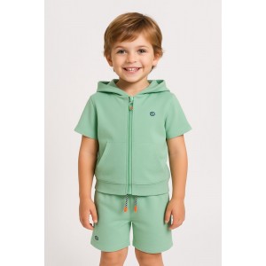 Compleu Sarabanda Băieți din Bumbac 100% cu Hanorac cu Glugă și Pantaloni Scurți – Verde Mentă, 0.8110PV24VE