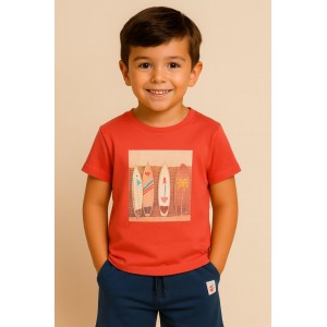 Costum Vara Băieți Sarabanda din Bumbac – Tricou cu Imprimeu Surf, 0.B163PV25RO