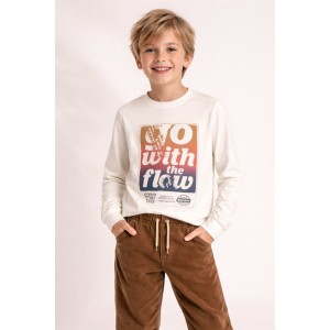 Bluză băieți iDO cu mânecă lungă din bumbac 100% interlock, cu imprimeu frontal,4.7702TI23ALB
