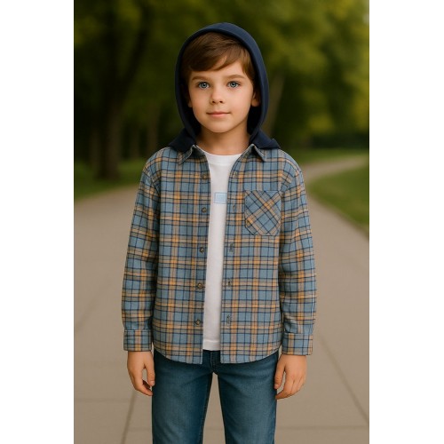 Cămașă pentru băieți iDO din bumbac 100%, model în carouri, cu glugă din fleece detașabilă, 4.8235PV24ABS Cămașă pentru băieți iDO din bumbac 100%, model în carouri, cu glugă din fleece detașabilă, 4.8235PV24ABS