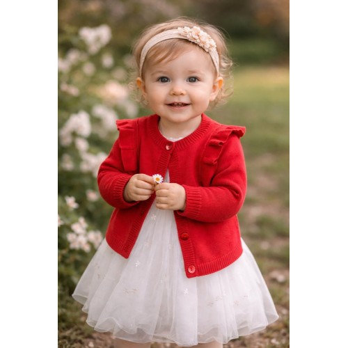 Cardigan Roșu Minibanda pentru Bebeluși Fete din Bumbac și Lână cu Volane Elegante, 3.7713TI23RO Cardigan Roșu Minibanda pentru Bebeluși Fete din Bumbac și Lână cu Volane Elegante, 3.7713TI23RO