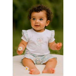 Compleu fete iDO alb din bumbac elastic cu imprimeu floral pastelat – tricou și bermudel, 3.8792PV24MU