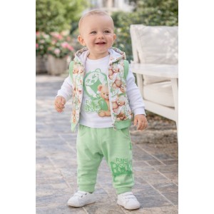 Compleu bebe Minibanda din bumbac 100%, cu vestă cu glugă, bluză și pantaloni sport, model cu ursuleți, 3.B640PV25VE