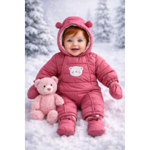 Costum de zăpadă nou-născut Minibanda roz cu glugă, mănuși și papuci detașabili, 3.5685TI22ZM